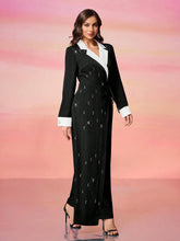 Women's Long Sleeve Rhinestone Decor Colorblock Surplice Neckline Belted Jumpsuit